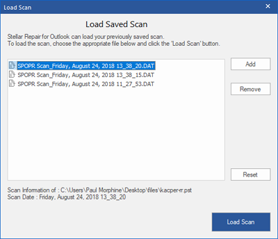 To load scanned information of any corrupt PST file, click the 'Load Scan' button and choose the DAT file.